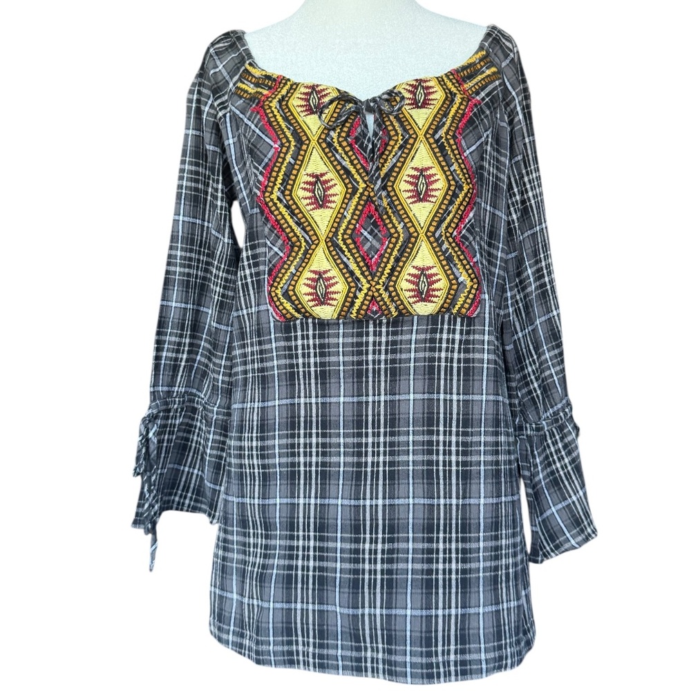 Ivy Jane Black and White Plaid Yellow‎ Red Embroidery Tunic Sz M